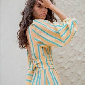 NWT VRG GRL Striped cream & teal Maxi Dress with Balloon Sleeves - size 10 AU